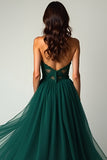 Verde Oscuro A Line Sweetheart Strapless Tulle Vestido de Fiesta Largo con Abertura