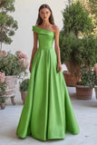 Vestido formal largo de satén verde de un hombro en línea A