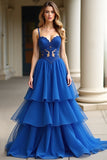 A Line Royal Blue Spaghetti Straps Lace Vestido de Fiesta Largo