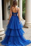 A Line Royal Blue Spaghetti Straps Lace Vestido de Fiesta Largo