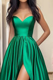 Vestido de fiesta largo de satén verde Novia de línea A con abertura