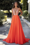 Vestido de fiesta largo de tirantes de gasa naranja con tirantes de pelo en A con apliques de encaje