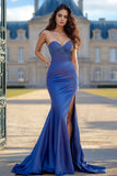 Vestido de fiesta largo con apliques bodycon azul real con abertura