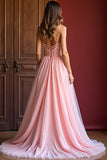 Elegante vestido de fiesta largo de tul con tirantes de espagueti de línea A Pink