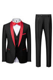 Trajes de hombre chal de 3 piezas negros con solapa slim fit