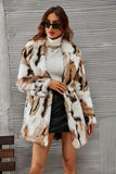 Chal blanco y marrón Solapa Midi Faux Fur Shearling Coat