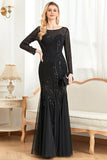 Mermaid Selenteys Boat Neck Black Mother of the Bride Dress with Long Sleeves