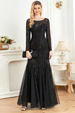 Mermaid Selenteys Boat Neck Black Mother of the Bride Dress with Long Sleeves