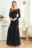 Mermaid Selenteys Boat Neck Black Mother of the Bride Dress with Long Sleeves