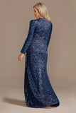 Glitter Navy Madre de la Novia Vestido con mangas largas