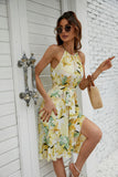 Halter amarillo vestido de verano estampado floral con volantes