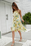 Halter amarillo vestido de verano estampado floral con volantes