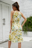 Halter amarillo vestido de verano estampado floral con volantes