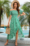 Vestido de verano estampado verde fuera del hombro con plisado