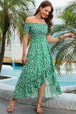 Vestido de verano estampado verde fuera del hombro con plisado