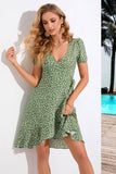 Vestido de verano verde A Line Printed V Neck con mangas cortas