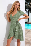 Vestido de verano verde A Line Printed V Neck con mangas cortas