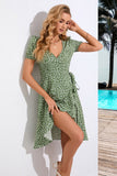 Vestido de verano verde A Line Printed V Neck con mangas cortas