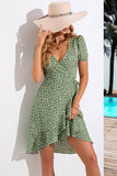 Vestido de verano verde A Line Printed V Neck con mangas cortas