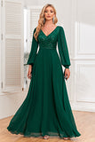 Vestido de fiesta largo verde oscuro con escote en V con lentejuelas