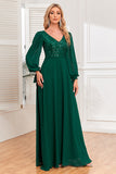 Vestido de fiesta largo verde oscuro con escote en V con lentejuelas