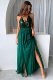 Vestido de fiesta largo con tirantes finos de línea A verde oscuro con abertura