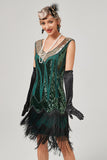 Vestido de flapper negro verde con cuello en V con flecos