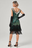 Vestido de flapper negro verde con cuello en V con flecos