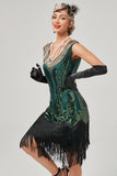 Vestido de flapper negro verde con cuello en V con flecos