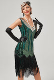 Vestido de flapper negro verde con cuello en V con flecos