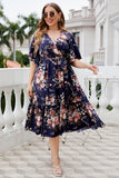 Plus Size V Neck Navy Summer Dress con mangas cortas