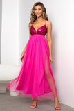 Fucsia Deep V Neck Una línea Sparkly Long Prom Dress con hendidura