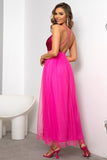 Fucsia Deep V Neck Una línea Sparkly Long Prom Dress con hendidura