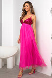 Fucsia Deep V Neck Una línea Sparkly Long Prom Dress con hendidura