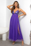 Fucsia Deep V Neck Una línea Sparkly Long Prom Dress con hendidura