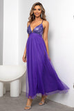 Fucsia Deep V Neck Una línea Sparkly Long Prom Dress con hendidura