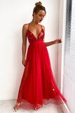 Fucsia Deep V Neck Una línea Sparkly Long Prom Dress con hendidura