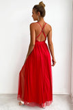 Fucsia Deep V Neck Una línea Sparkly Long Prom Dress con hendidura