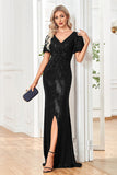 Sparkly Sequin Black Sheath V-Neck Prom Dress With Slit