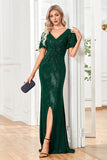 Sparkly Sequin Black Sheath V-Neck Prom Dress With Slit