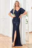 Sparkly Sequin Black Sheath V-Neck Prom Dress With Slit