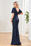 Sparkly Sequin Black Sheath V-Neck Prom Dress With Slit