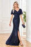 Sparkly Sequin Black Sheath V-Neck Prom Dress With Slit