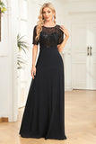 Vestido formal negro brillante con mangas cortas