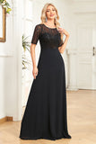 Vestido formal negro brillante con mangas cortas