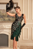 Vestido flapper con flecos de lentejuelas negras brillantes de la década de 1920