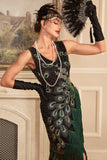 Vestido flapper con flecos de lentejuelas negras brillantes de la década de 1920