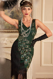 Vestido flapper con flecos de lentejuelas negras brillantes de la década de 1920