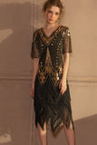 Vestido Gatsby de lentejuelas con escote en V negro dorado brillante de los años 1920 con flecos