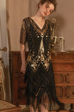 Vestido Gatsby de lentejuelas con escote en V negro dorado brillante de los años 1920 con flecos